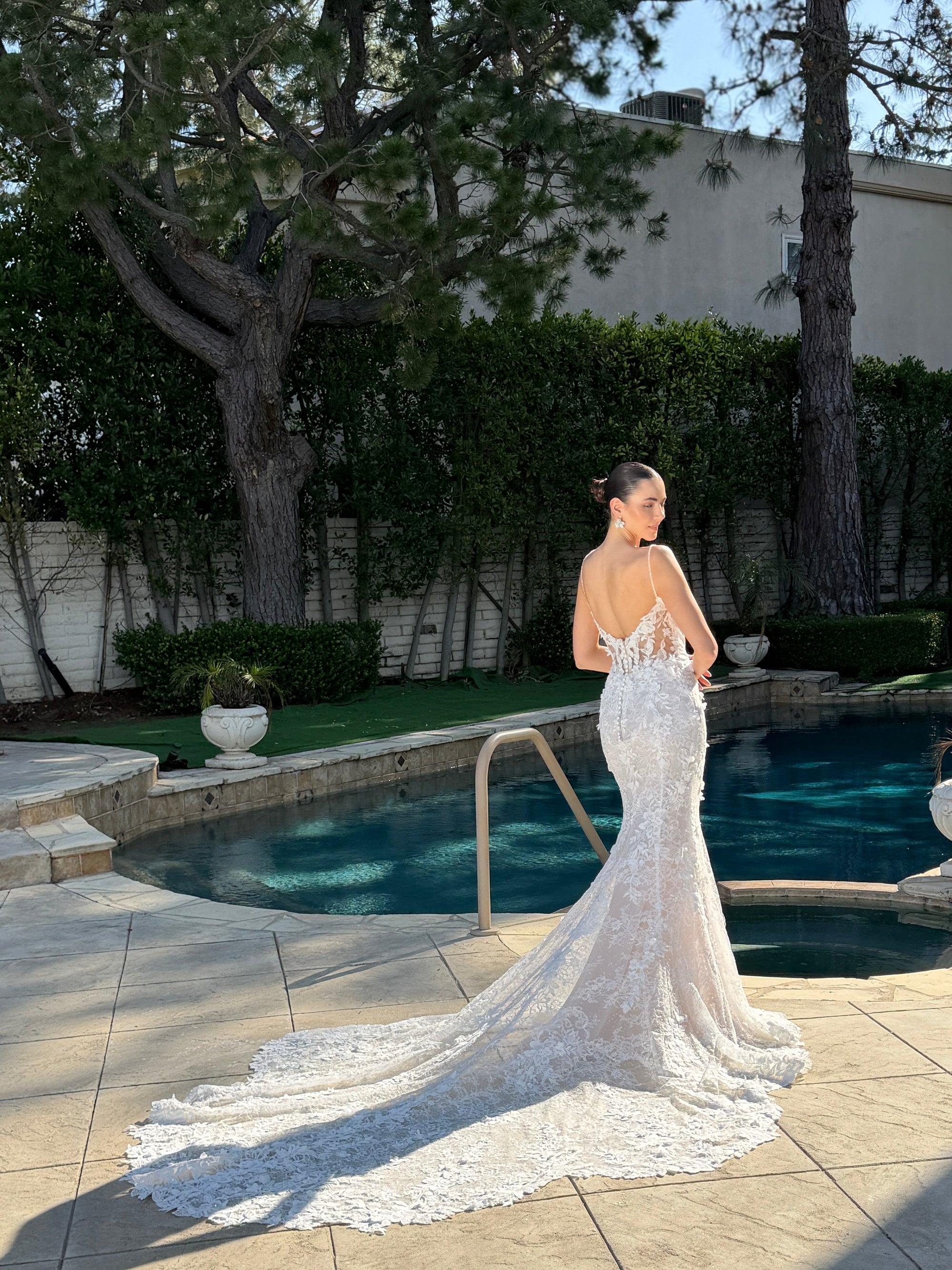 3D lace wedding dress with lower back design and long train