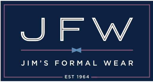 Logo for Jim's Formal Wear with 'JFW' and a bow tie on a dark blue background.